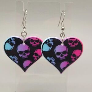 Heart Skull Earrings, Gothic Jewelry, Dangle, Halloween Accessories